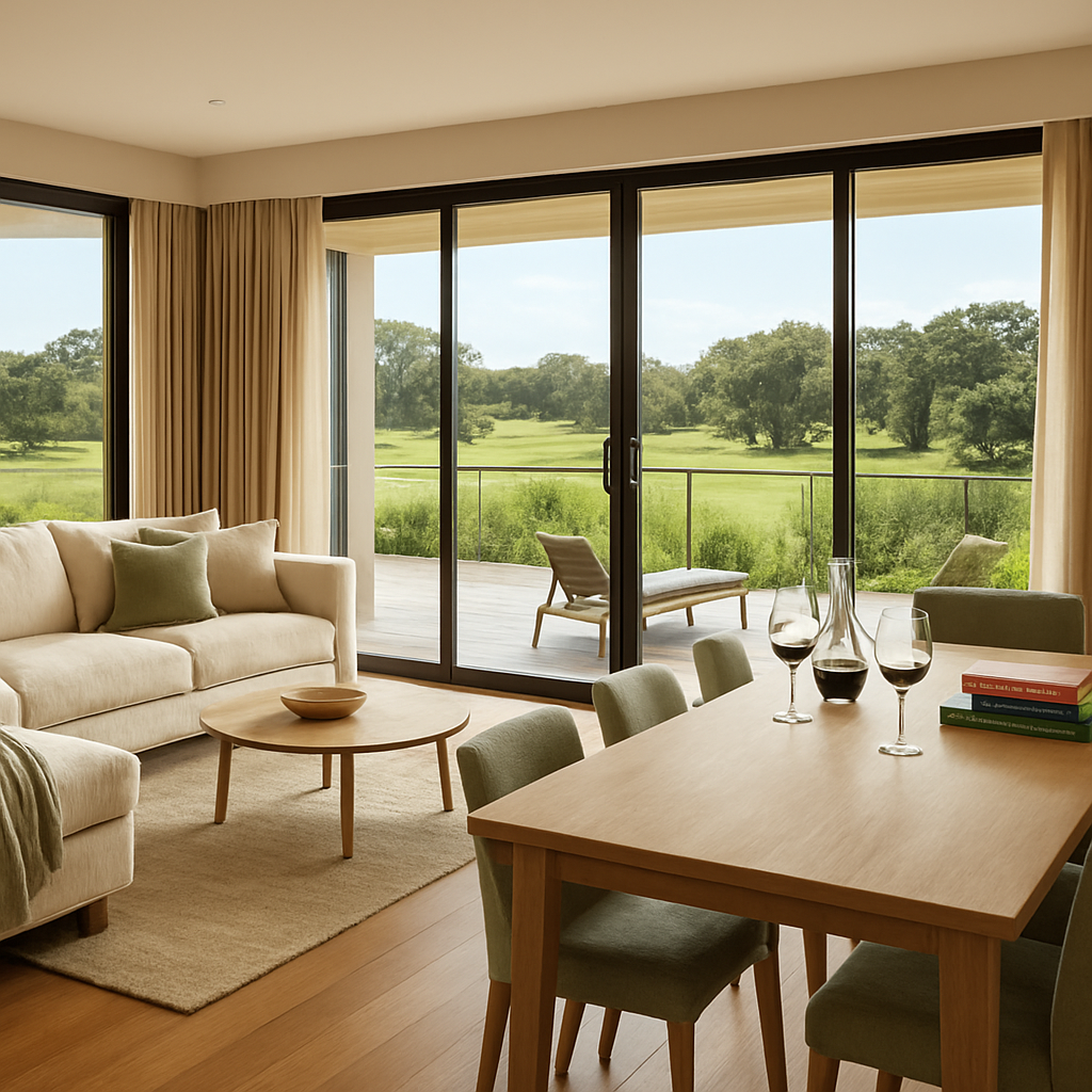 Open-plan living and dining area inside Villa Provincial with glass doors opening to the deck and golf-course views