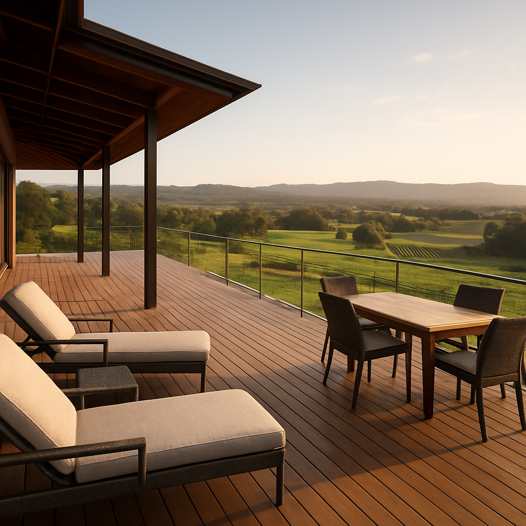 Expansive timber outdoor deck with views over the Cypress Lakes golf course and Hunter Valley vineyards
