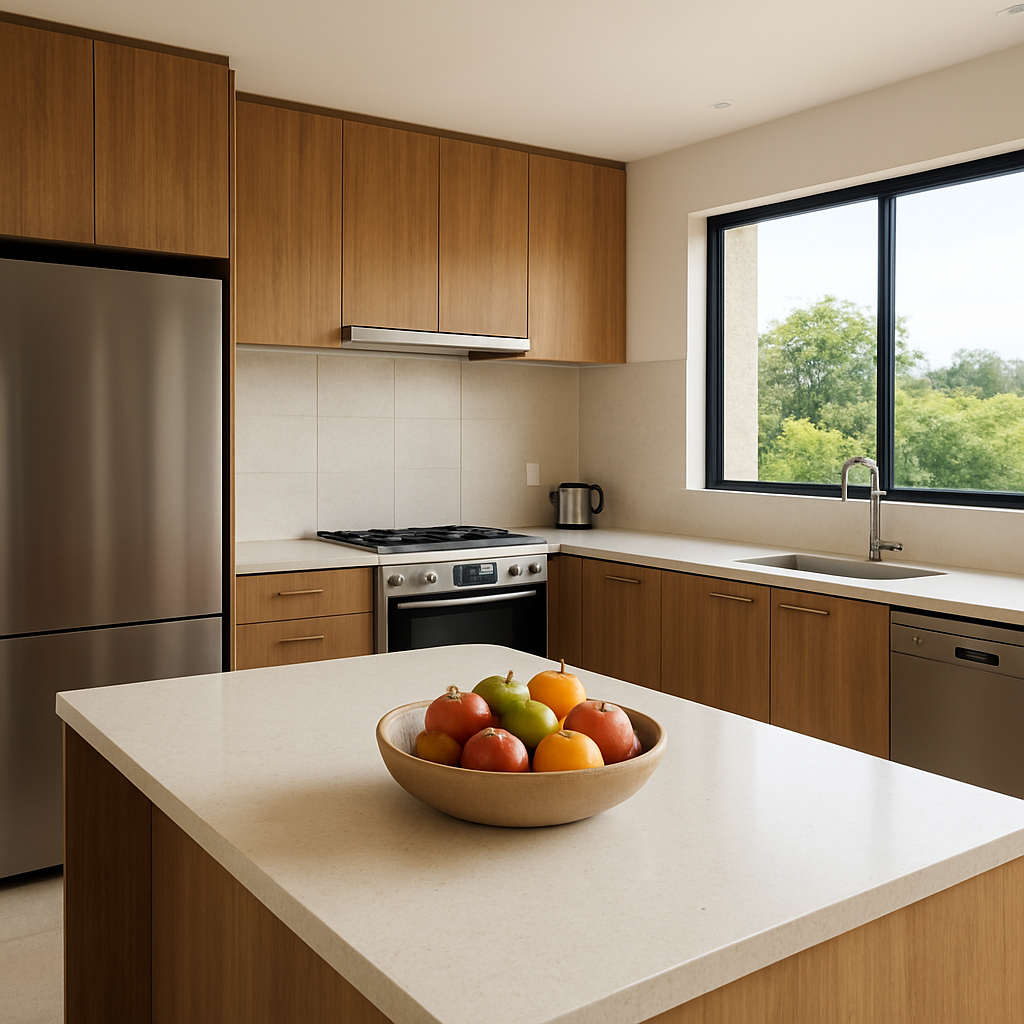 Fully-equipped modern kitchen with stone benchtops inside Villa Provincial