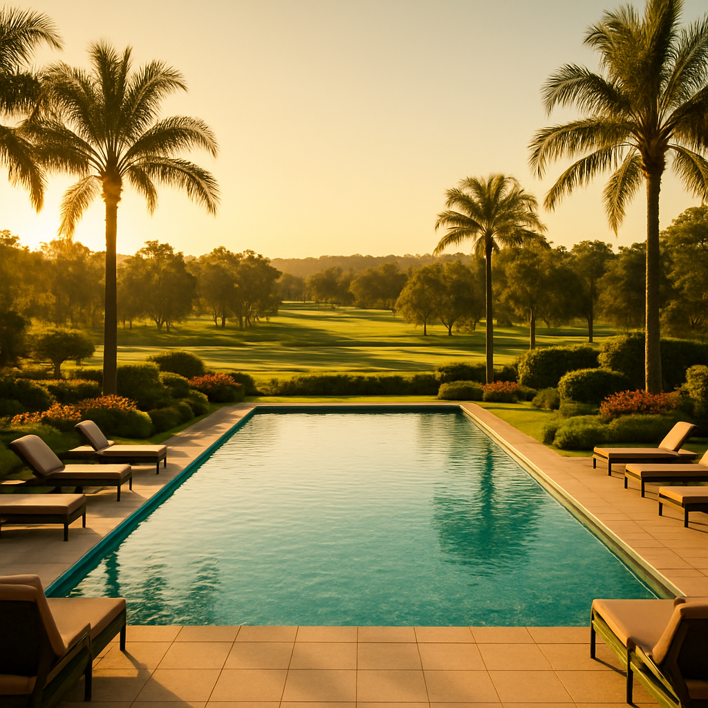 Resort swimming pool and manicured gardens at Cypress Lakes, Pokolbin