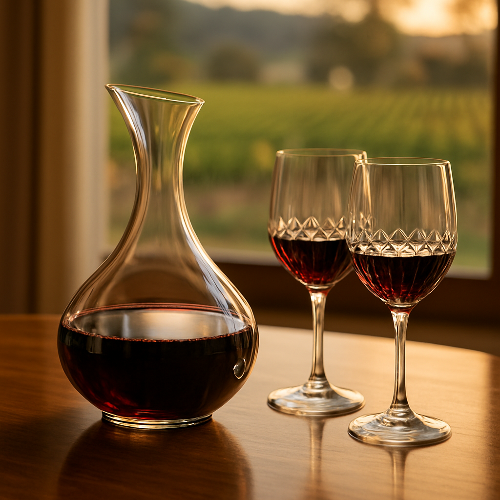Crystal wine glasses and a decanter on a timber table with vineyard views in the background